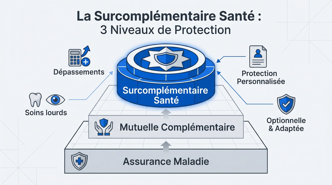 Schéma explicatif des trois niveaux de remboursement : Sécurité sociale, mutuelle et surcomplémentaire santé