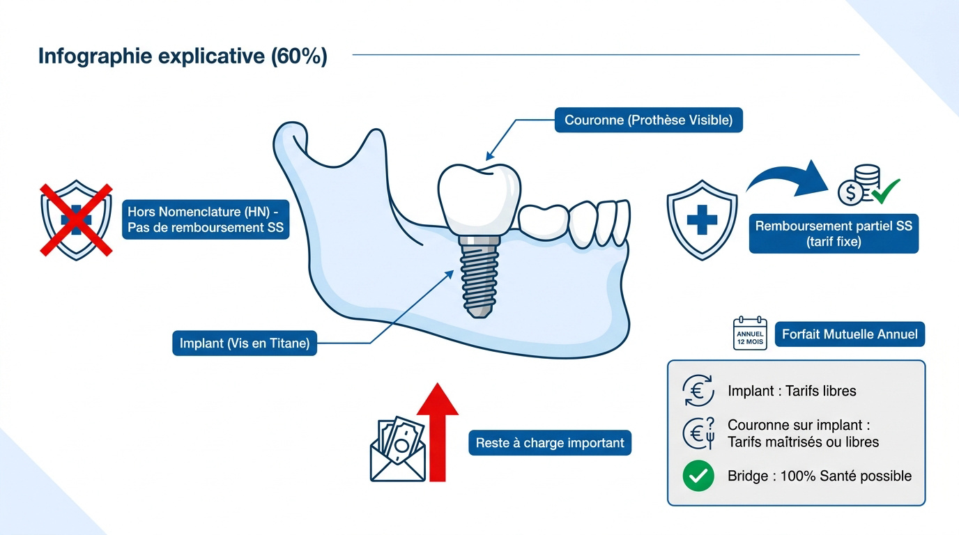 Schéma explicatif du remboursement d'un implant dentaire entre Sécurité sociale et mutuelle